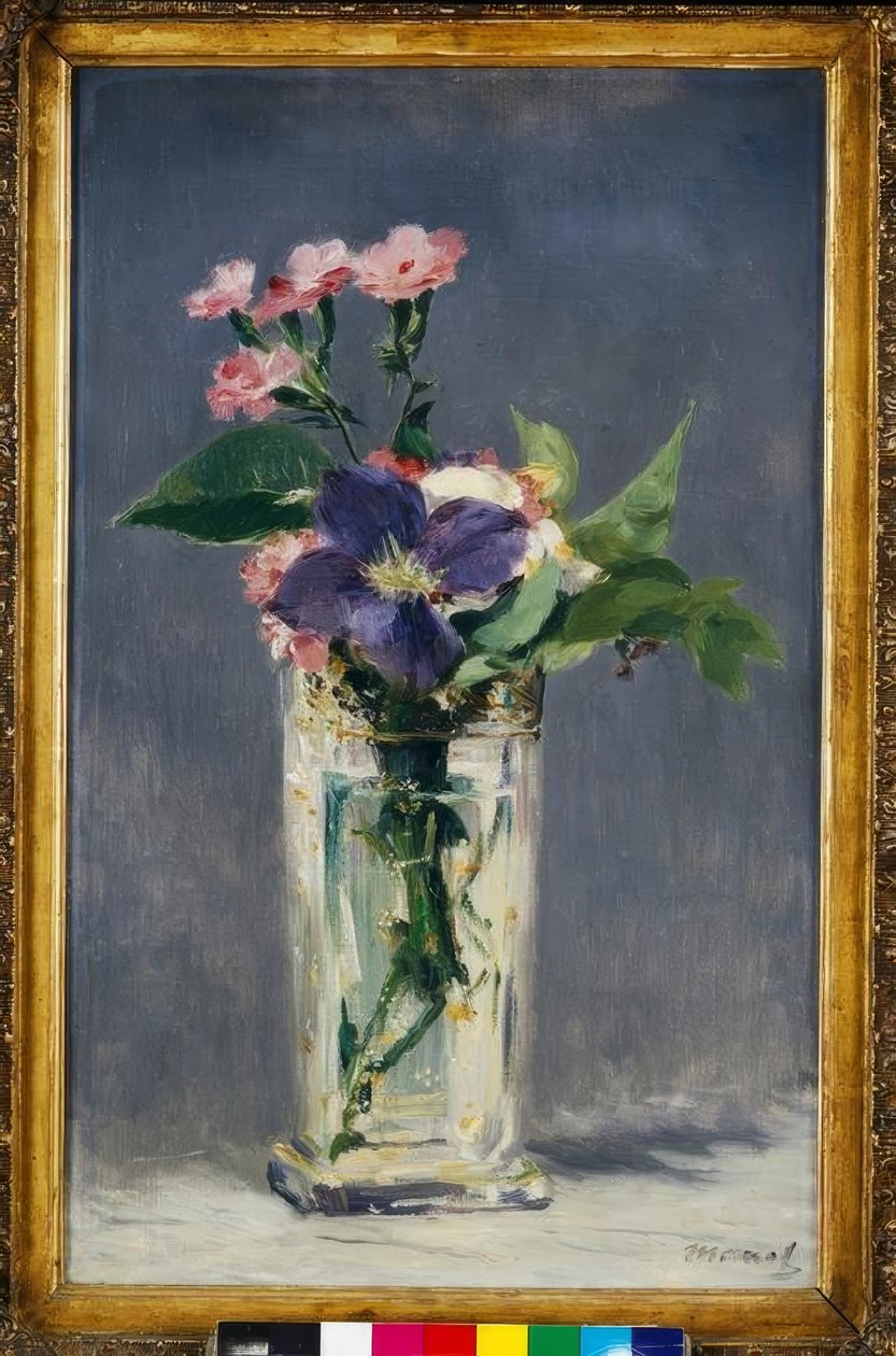 Nejlikor och klematis i en kristallvas av Édouard Manet