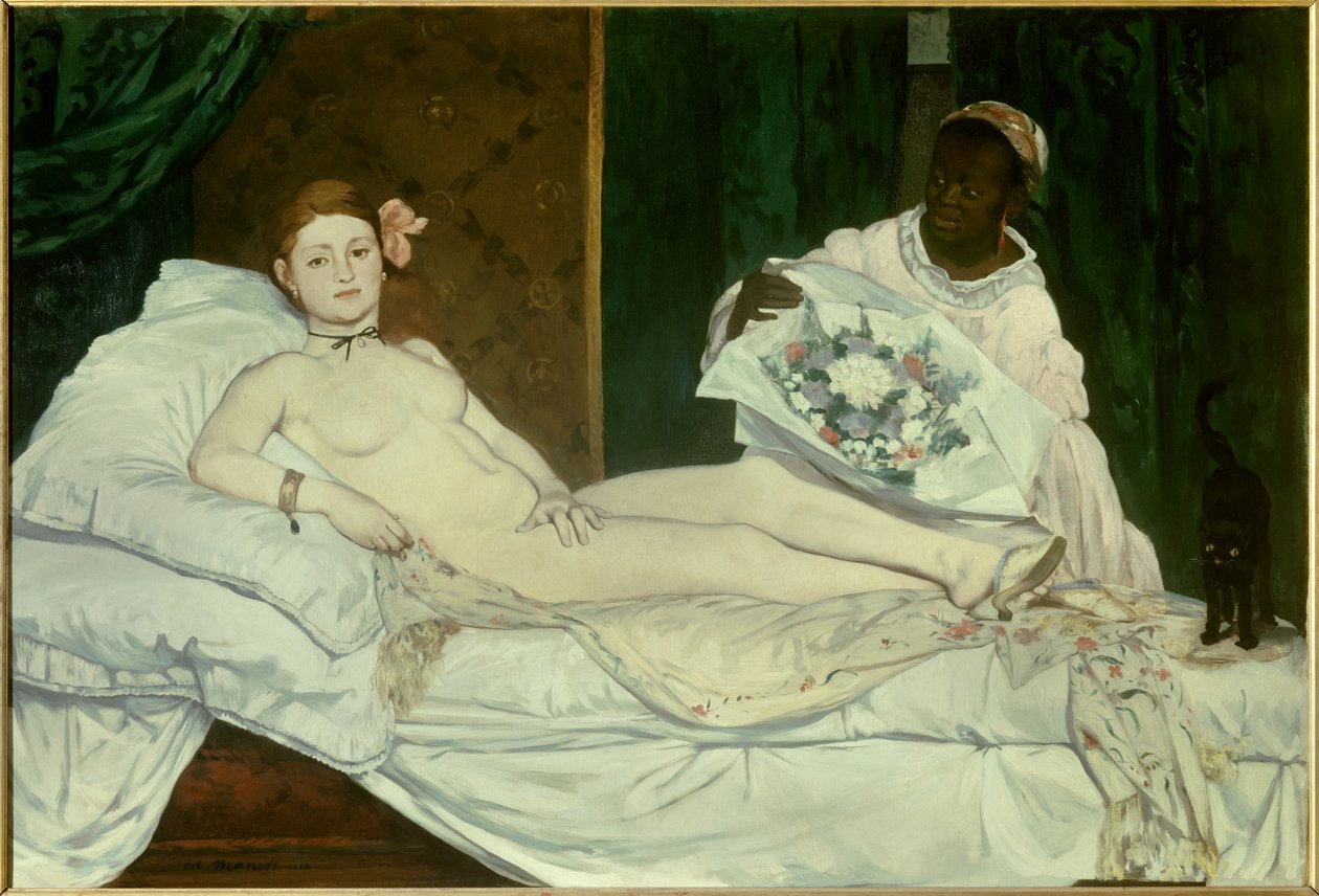 Olympia Ung kvinna naken på en säng med sin svarta hembiträde som ger henne en bukett blommor. Målning av Edouard Manet (1832-1883) 1863 Sön. 1,3x1,9 m Paris, musee d