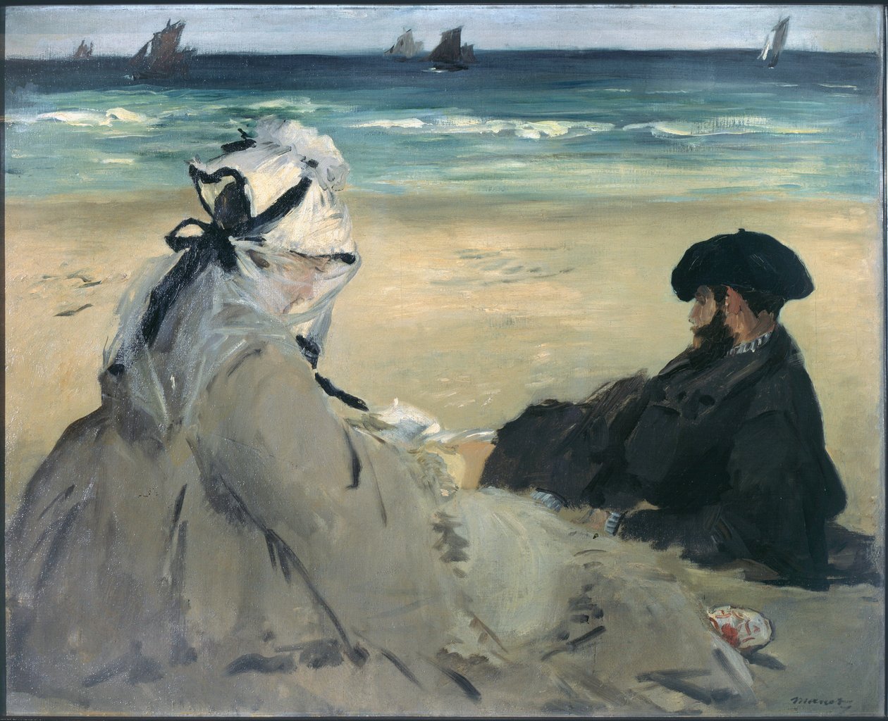 På stranden. Porträtt av Madame Edouard Manet (1830-1906) och Eugene Manet (1833-1892), konstnärens fru och bror i Berck-sur-Mer (Berck sur mer). Målning av Edouard Manet (1832-1883), 1873. Olja av Édouard Manet