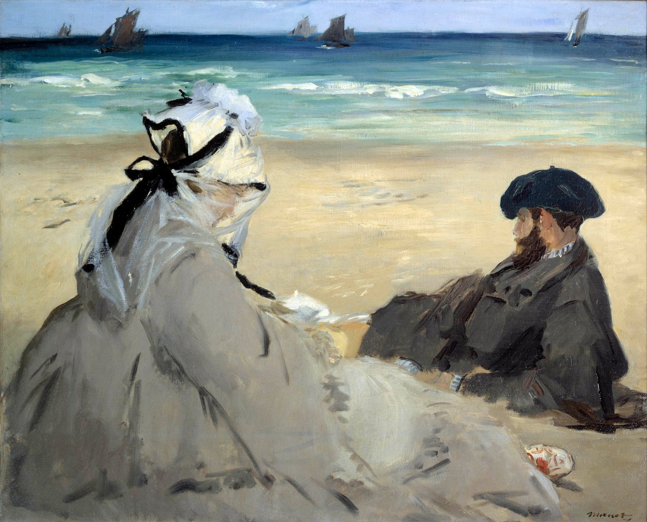 På stranden Representation av Suzanne Manet, fru till konstnären och hans bror Eugene på stranden Berck sur mer (Berck-sur-Mer). Målning av Edouard Manet (1832-1883) Ete 1873 Sön. 0,59x0,73 m Paris musee d