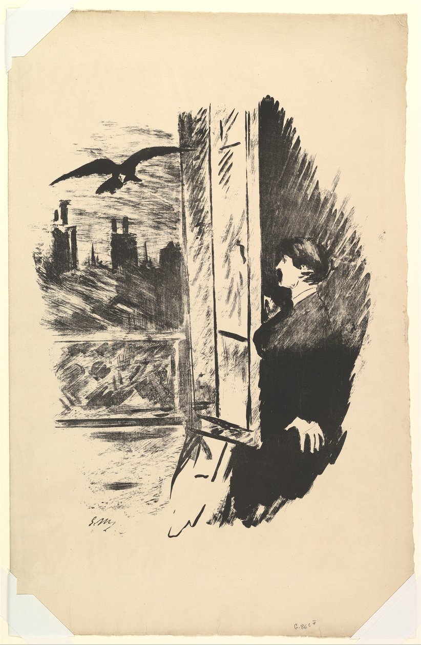 Öppna Here I Fung the Shutter. Illustration till The Raven av Edgar Allan Poe, 1875. av Édouard Manet