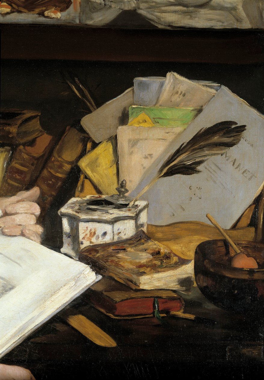 Porträtt av Emile Zola, detalj. Bläckskål med penna och böcker inklusive en "Manet". Målning av Edouard Manet (1832-1883) 1868 Paris, Musee d