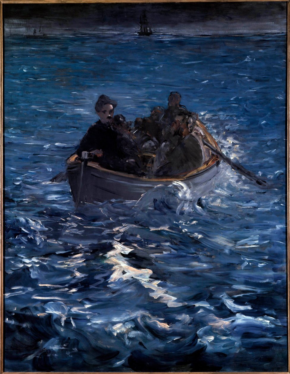 Rocheforts flykt. Henri de Rochefort Fransk författare (1831-1913) avgår till Ducos-halvön i Nya Kaledonien rymde i mars 1874 med Grousset et et Pain. Målning av Edouard Manet (1832-1883) 1880. Zürich. Rau Foundation for the Third World av Édouard Manet