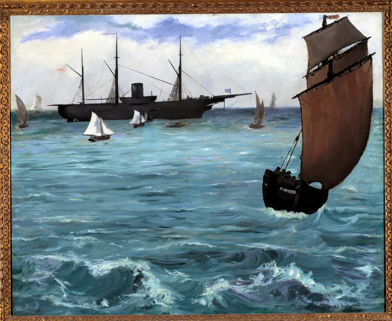 Det amerikanska skeppet Kearsarge har Boulogne sur mer målning av Edouard Manet (1832-1883) 1864. Privat samling av Édouard Manet
