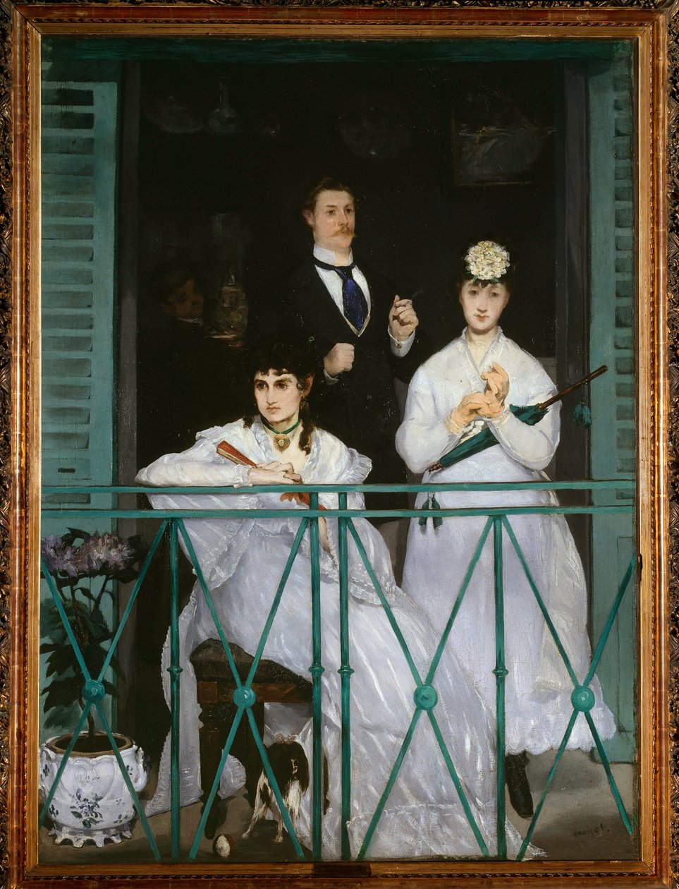 Balkongen (porträtt av Berthe Morisot, Fanny Claus, Antoine Guillemet och Leon Leenhoff) - olja på duk av Édouard Manet