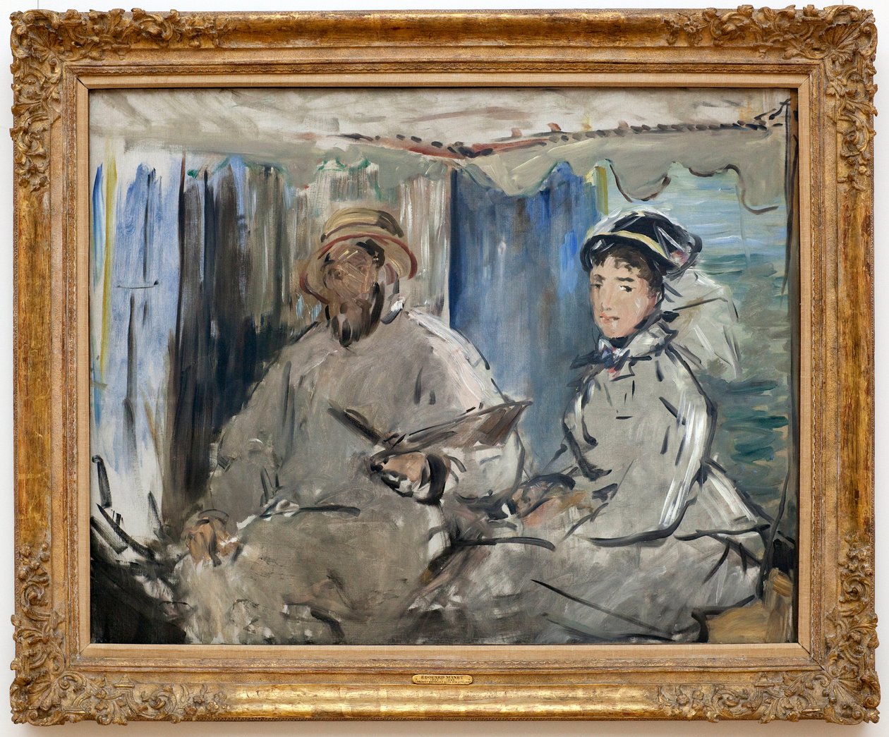 Målaren Claude Monet (1840-1926) i sin ateljé. (Vid hans sida, hans fru Camille, i sin verkstadsbåt). Målning av Edouard Manet (1832-1883), Olja på duk av Édouard Manet