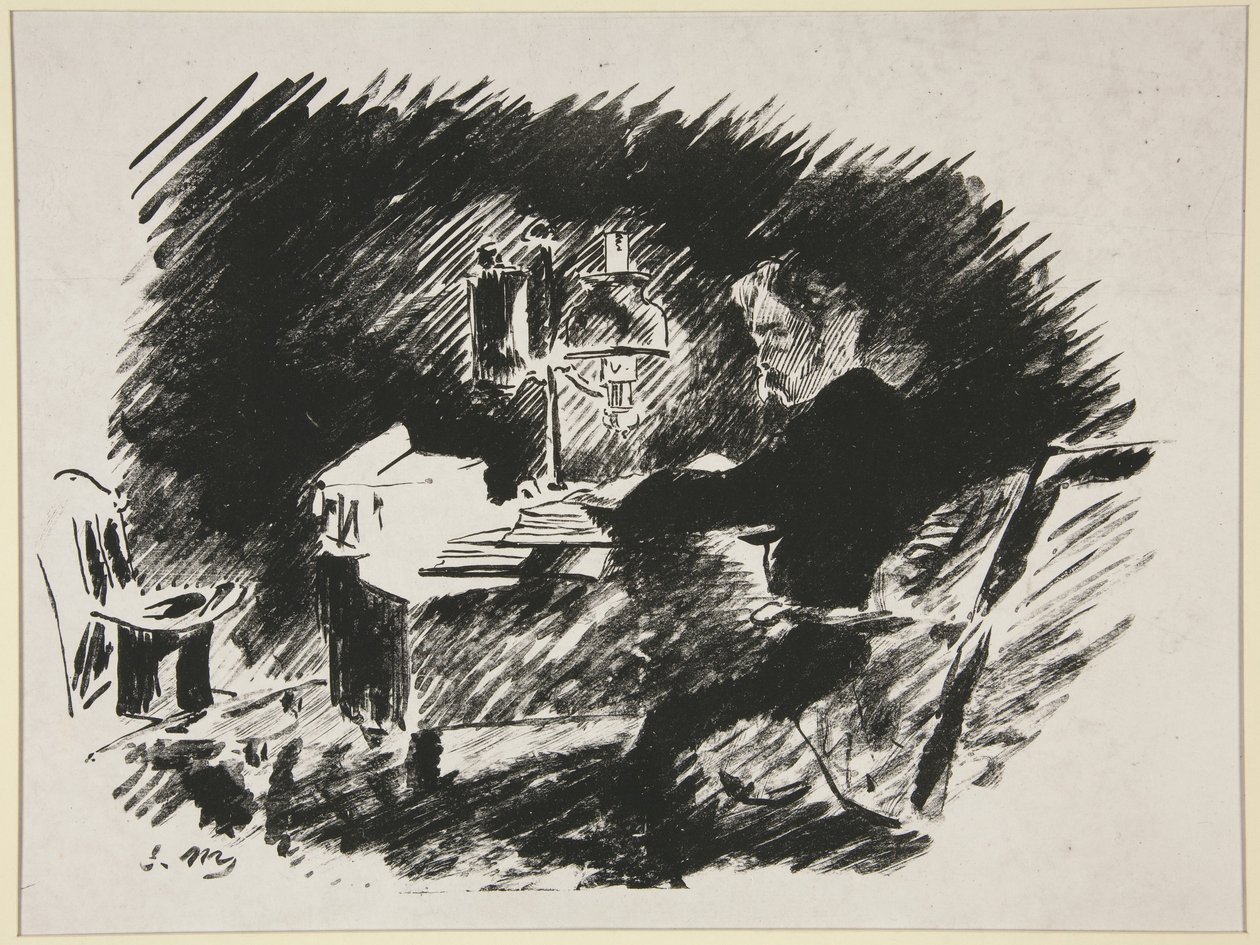 Under lampan, första illustrationen till Mallarmés översättning av Poes ”Korpen” av Édouard Manet