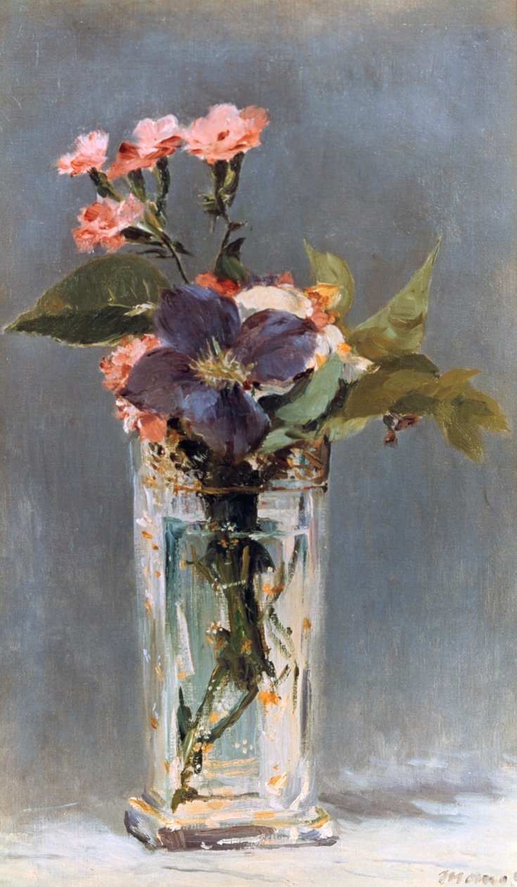 Violer och klematis i en kristallvas, 1882 av Édouard Manet