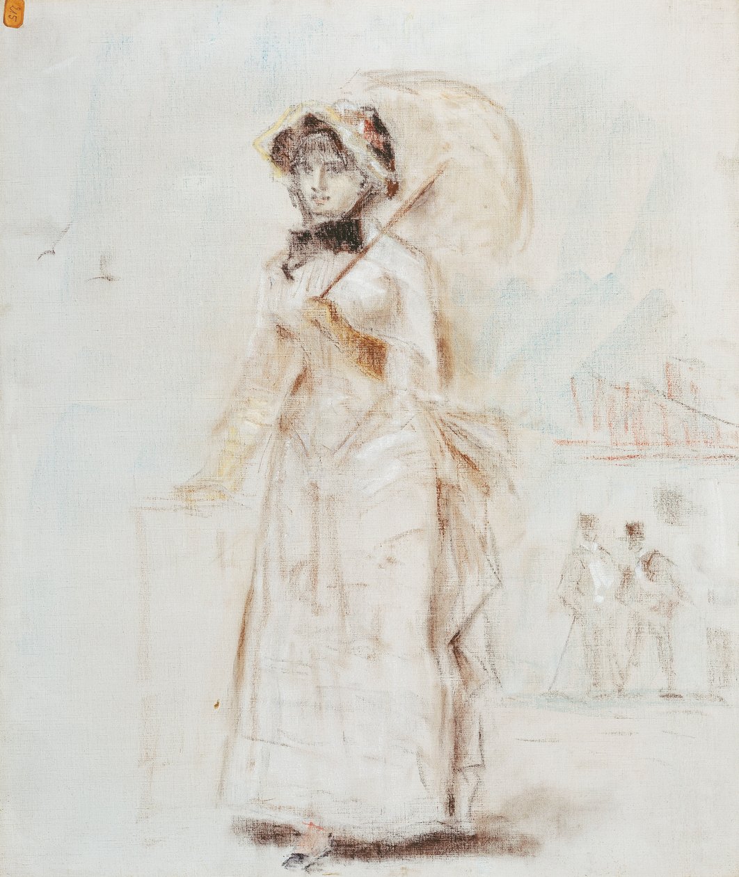Kvinna som går med öppet paraply; Kvinna ute på promenad med ett öppet parasoll, 1880 av Édouard Manet