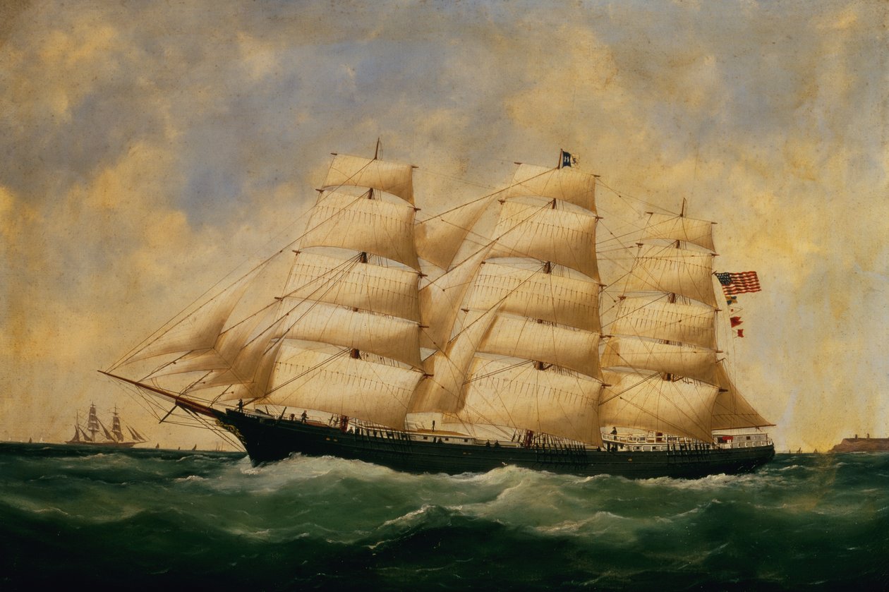 Det amerikanska segelfartyget, Servia utanför Le Havre (olja på duk) av Edouard Marie Adam