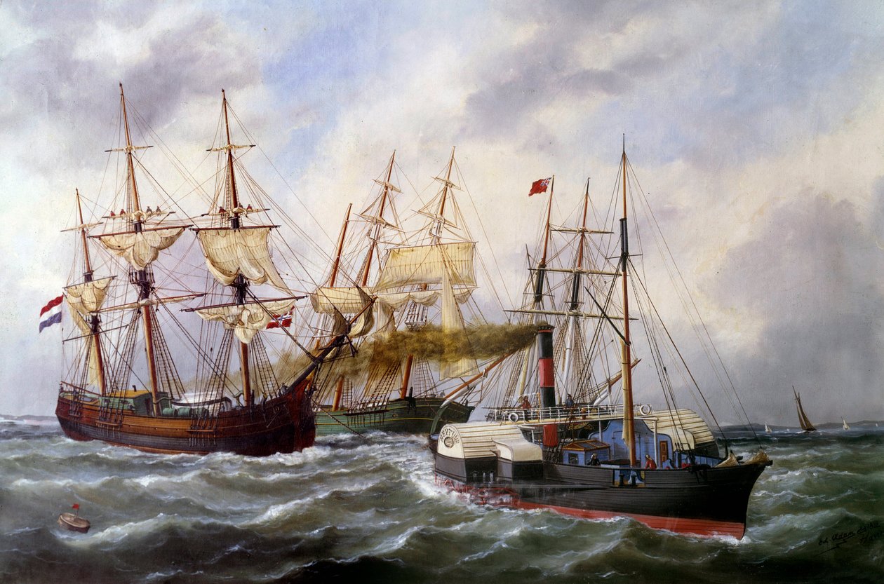 Två trailers med tre mattor av Le Neptune au Havre 1882 Målning av Edouard Adam (1847-1929) 1882 Paris, Musee de la Marine av Edouard Marie Adam