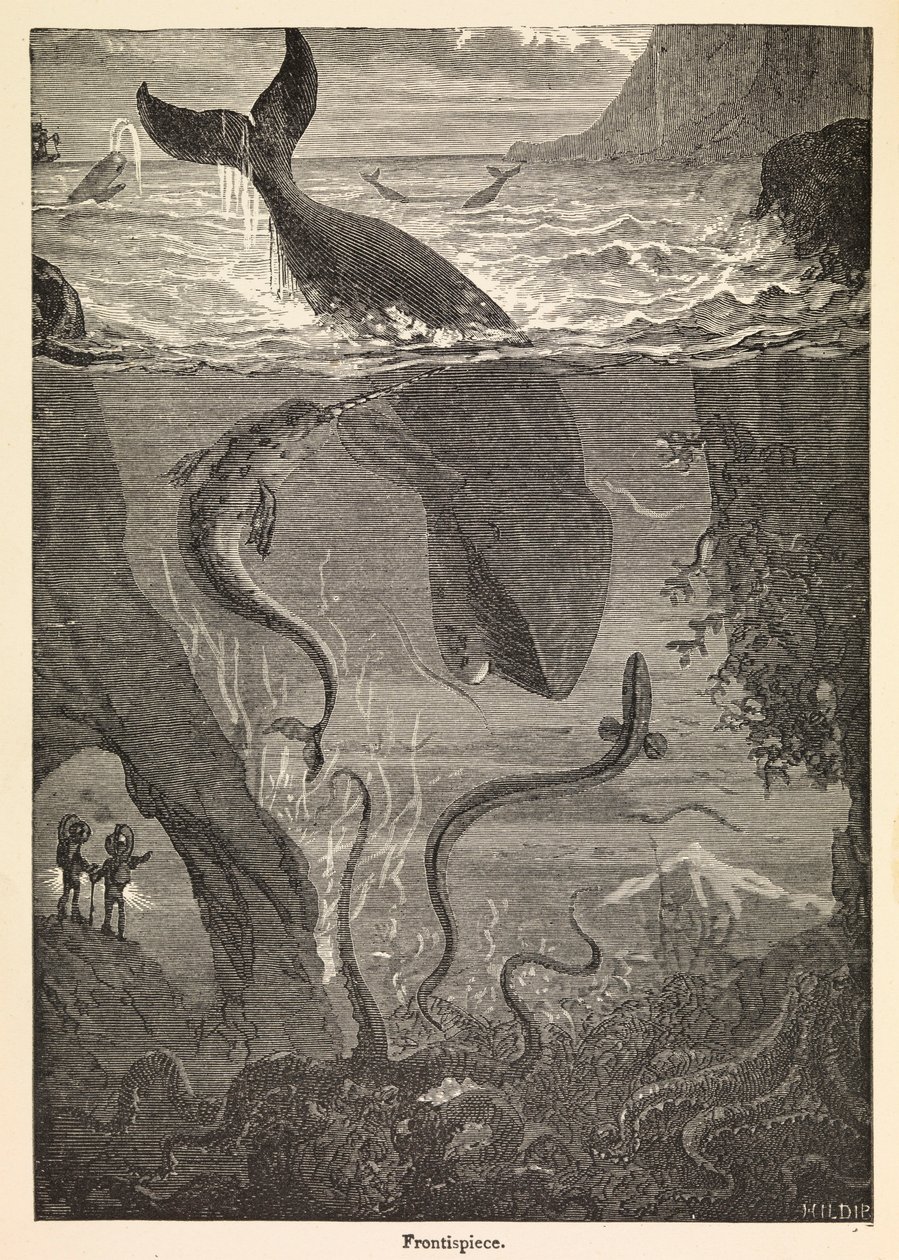 Frontispice av Jules Vernes "Tjugotusen Leagues Under The Sea", ca 1870 (tryck) av Edouard & Neuville Alphonse Marie Adolphe de (1835 85) Riou