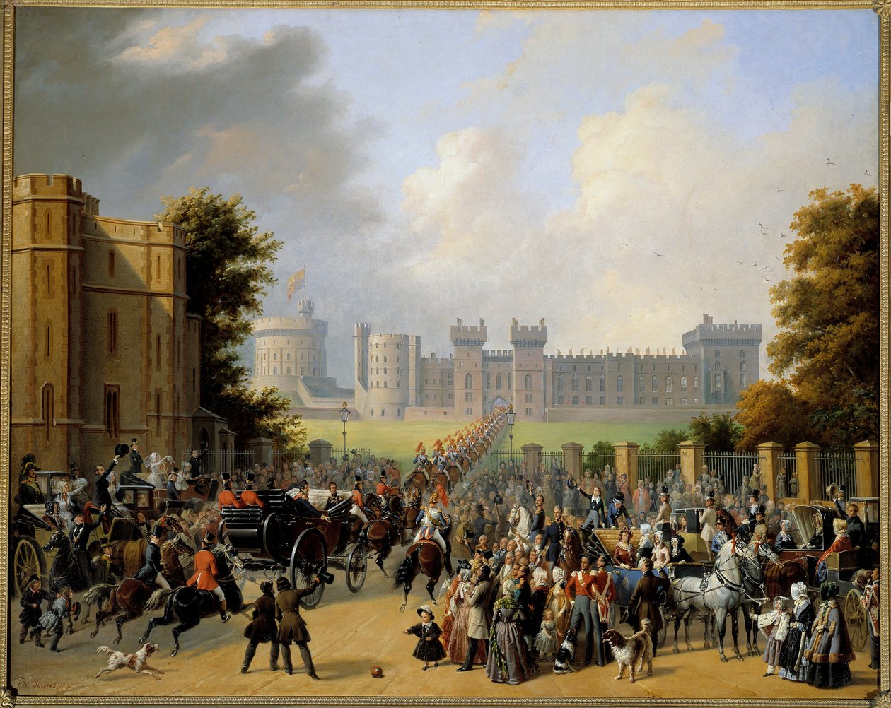 Ankomst av Louis Philippe I (1773-1850) till slottet i Windsor 8/10/1844 Målning av Edouard Pingret (1788-1875) 1845 Sön. 1,28x1,6 m av Edouard Pingret
