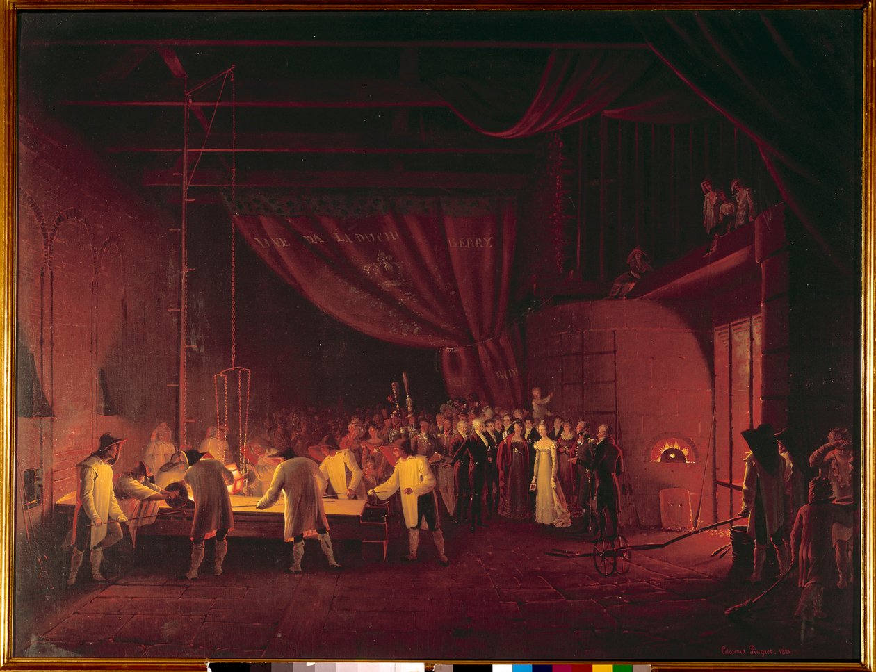 Marie Caroline de Bourbon Sicilien, hertiginna av Berry (1798-1870), besökte fabrikerna i Saint Gobain 1822. Arbetarna gjorde en bordsgjutning av glas. Målning av Edouard Pingret (1788-1875) 1824 Privat samling av Edouard Pingret