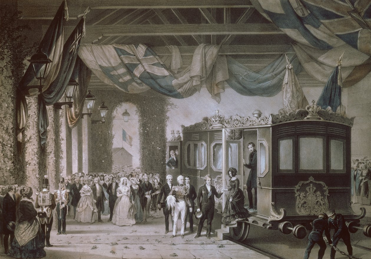 Drottning Victoria (1819-1901) och prins Albert (1819-61) anländer till Gosport Station, Hampshire, graverad av Bayot & Cuvilier, 1846 av Edouard Pingret