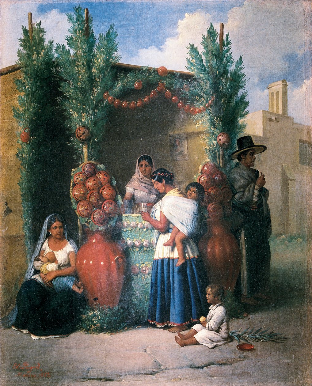 Scen nära en bar på en gata i Mexiko: en kvinna ammar sitt barn, en annan tar en drink och bär sitt barn på ryggen, ett barn leker på marken. Målning av Edouard Pingret (1788-1875), mitten av 1800-talet. Mexico City. riksbank av Edouard Pingret