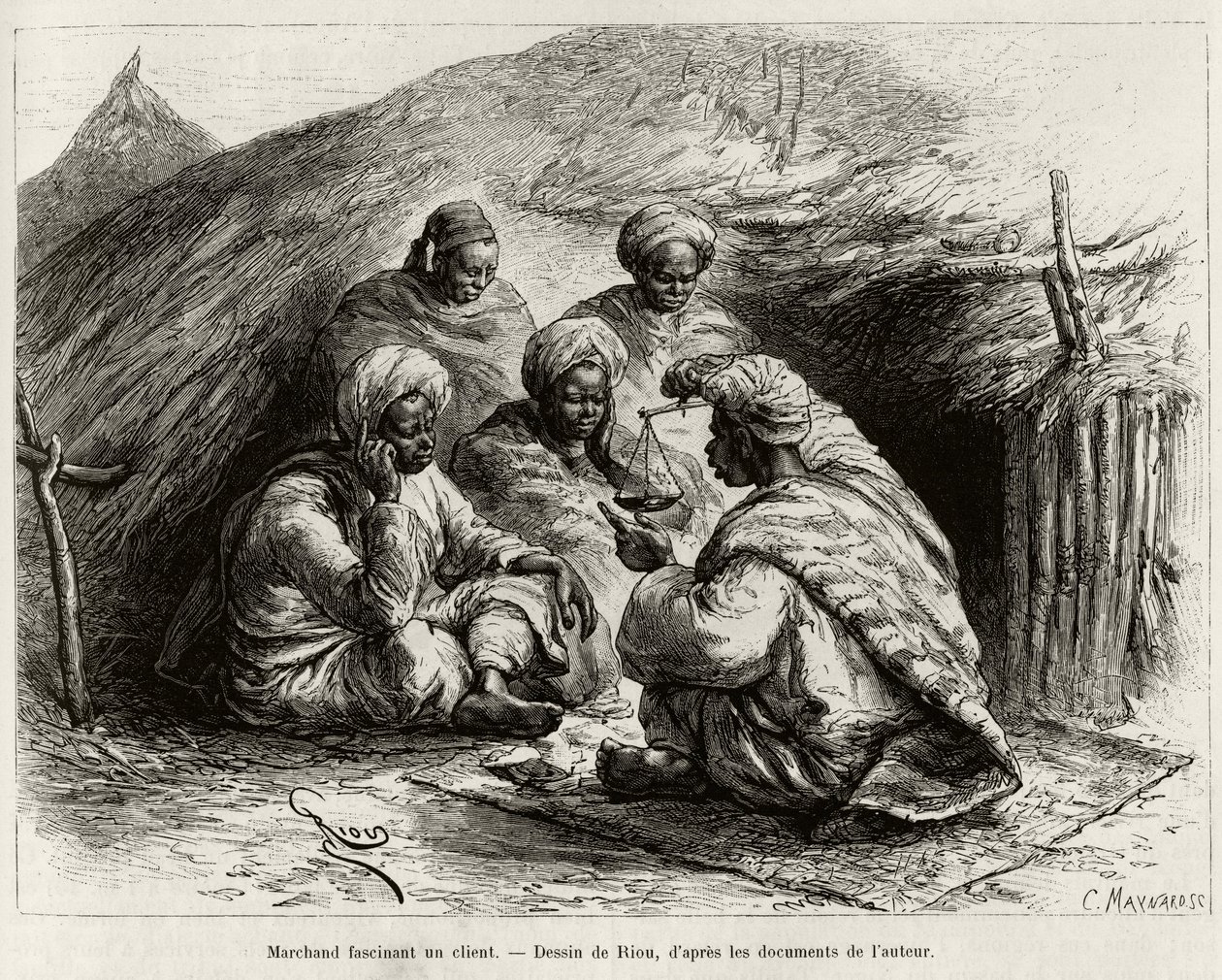 En köpman som fascinerar en kund, sittande på golvet, på en liten matta, han gör artikeln genom att hålla i en våg. Gravyr av Riou, för att illustrera historien ""Från Niger till Guineebukten", av kapten Louis Gustave Binger (1856-1936), 1887-1889, i av Edouard Riou