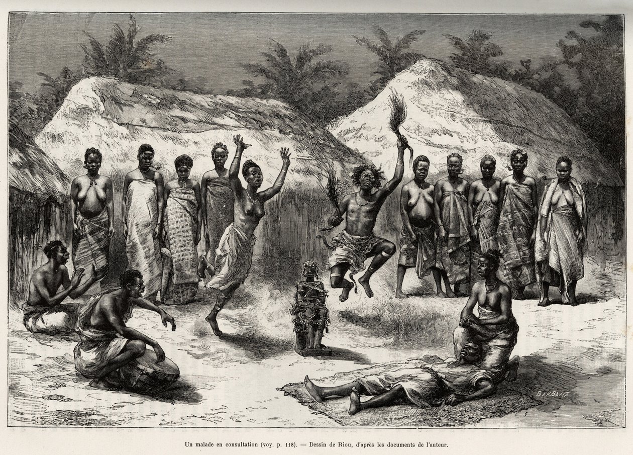En patient i samråd med agni (eller anyi, Elfenbenskusten), trollkarlen utför en dans, efter att ha placerat en fetisch framför patientens lögner. Gravyr av Riou, för att illustrera historien ""Från Niger till Guineabukten"" av kapten Louis Gu av Edouard Riou
