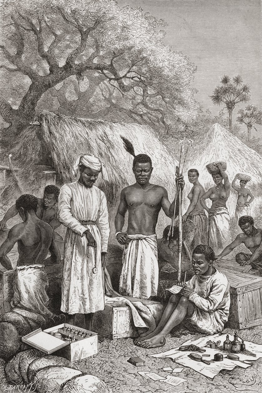 Abdullah Souzi, Jacob Wainright och James Chouma, Dr. David Livingstones tre tjänare, inventerar sina tillhörigheter efter hans död 1873, illustration från "The World in the Hands", graverad av Charles Barbant av Edouard Riou