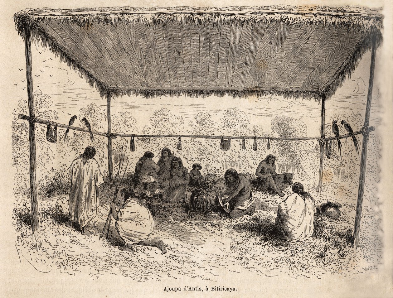 Ajoupa (otryggt bostadsbyggande) av antisindianerna, i Biticaraya (Peru), teckning av Riou, som illustrerar resan från Stilla havet till Atlanten av Edouard Riou