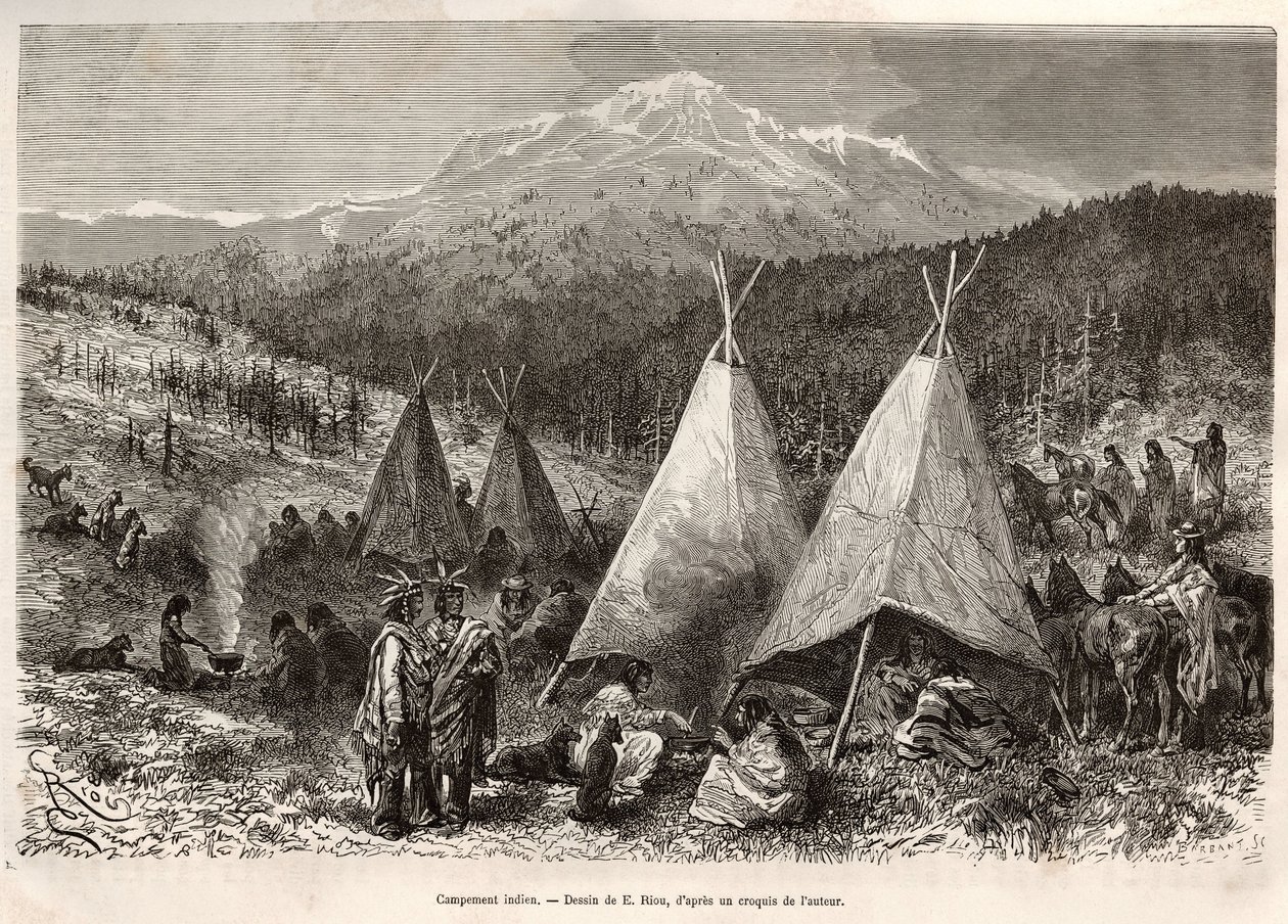 Ett indiskt läger, i Utahs territorium, på stranden av Riviere Verte. Gravyr efter teckningen av E.Riou, för att illustrera historien La conquete blanche, av William Hepworth Dixon, 1875, publicerad i "" Le tour du monde""" 1876, redigerad av Edouard Chart av Edouard Riou