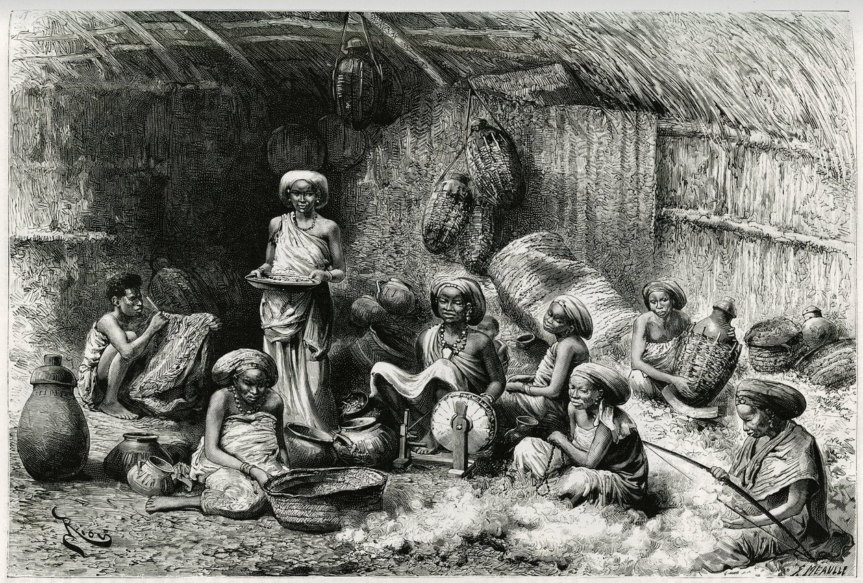 En eftermiddag på favoriten hos Sheik of the Gobrons, kvinnors aktiviteter: broderi och spinning av ull, flätad och keramik. Gravyr av Riou, för att illustrera berättelsen "" Voyage chez les Benadir, les somalis et les Bayoun"", 1882-1883, av Georges Rev. av Edouard Riou