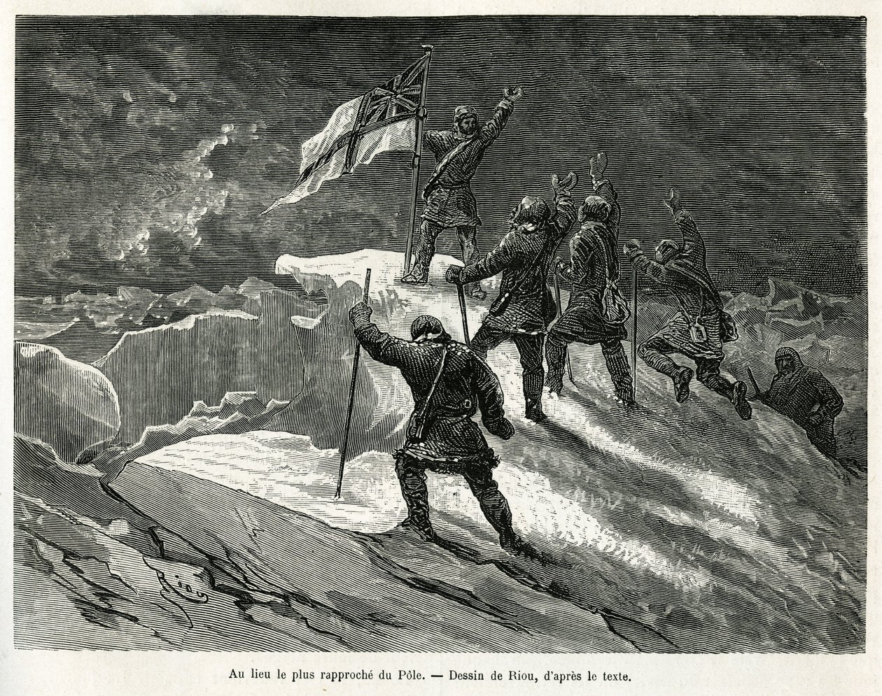 Kapten George Strong Nares (1831-1915) planterade den brittiska flaggan på platsen närmast polen, teckning av Riou, för att illustrera historien om en resa till polarhavet 1875-1876, av kapten G.S.Nares. Gravyr i Le tour du monde av Edouard Riou