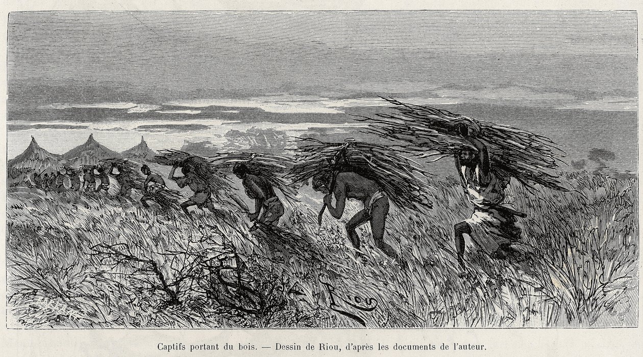 Fångar som bär ved i busken. Gravyr av Riou, för att illustrera berättelsen "" Från Niger till Guineebukten", av kapten Louis Gustave Binger (1856-1936), 1887-1889, i Le tour du monde, nouveau journal des voyages, under ledning av Edouar av Edouard Riou