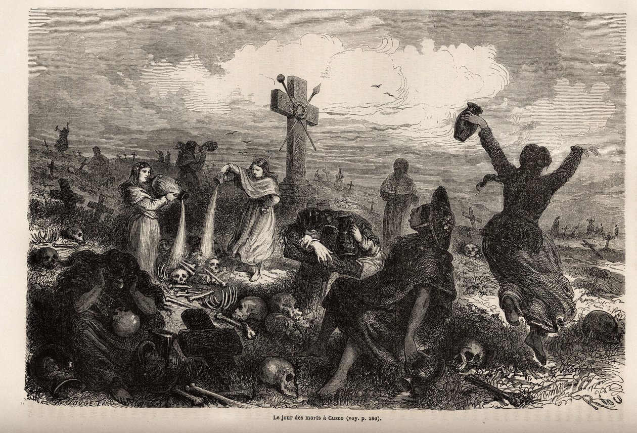 Firande av fete des morts i Cuzco, teckning av Riou, för att illustrera Paul Marcoys resa genom Sydamerika från 1848 till 1860. Gravyr i "" Le tour du monde", redigerad av Edouard Charton av Edouard Riou