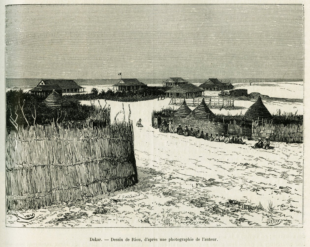 Dakar. Gravyr av Riou för att illustrera berättelsen Voyage a la Plata, tre månaders semester av Emile Blaireaux 1886, i tour du monde 1887, under ledning av Edouard Charton (1807-1890), Hachette, Paris. av Edouard Riou