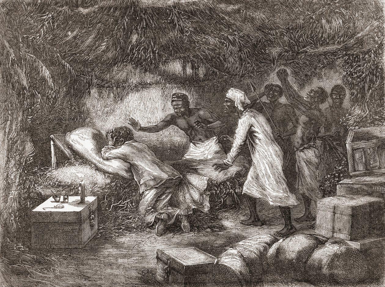 Dr. Livingstones död i byn Tchitammbo, Afrika, 1873, illustration från "The World in the Hands", publicerad 1878 av Edouard Riou
