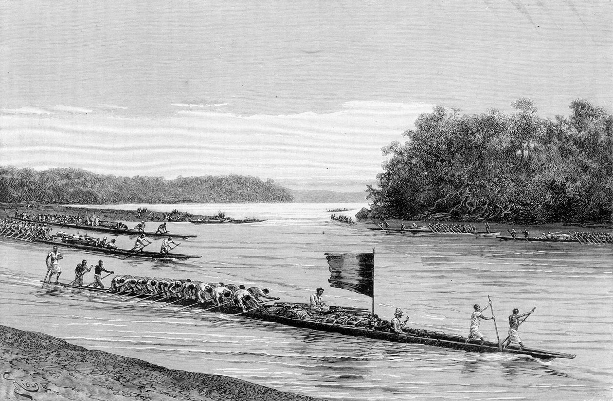 Avresa från byn Lambarene i Afrika. I "" Journey in the West African "" av Brazza av Edouard Riou