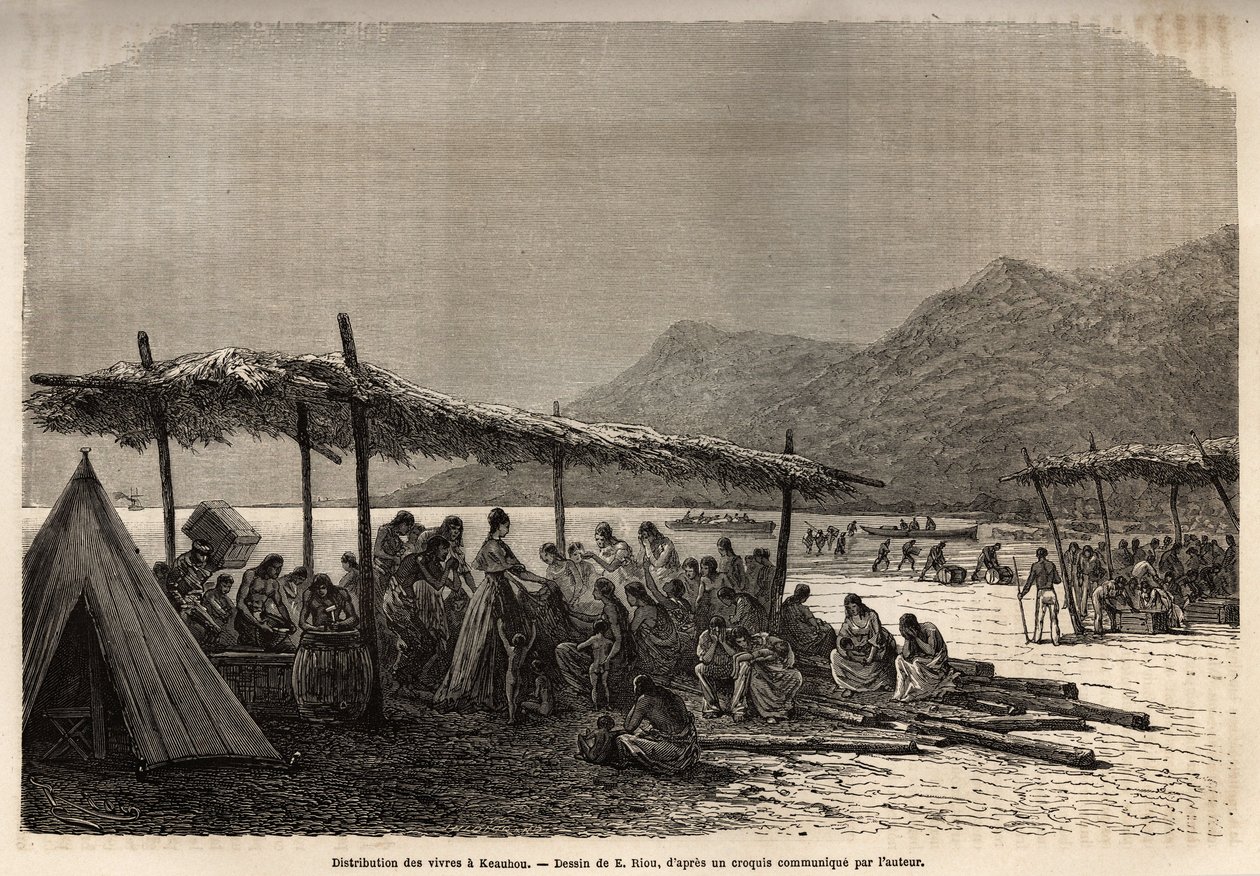 Distribution av mat i Keauhou, efter jordbävningen och vulkanutbrottet 1868, till offren för katastrofen, gravering efter teckningen av E.Riou, som illustrerar resan till Sandwichöarna, 1855-1869, av C. de Varigny, publicerad i "" Le av Edouard Riou