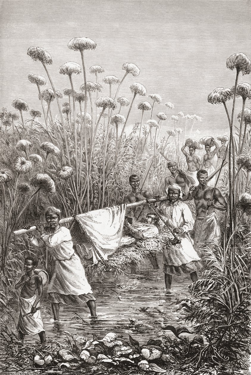 Dr. David Livingstone bärs de sista milen till byn Tchitammbo, Afrika, strax före sin död, illustration från "The World in the Hands", graverad av Henri Theophile Hildibrand av Edouard Riou