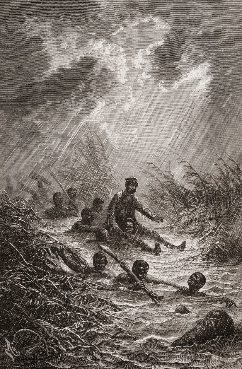Dr. David Livingstone bärs genom ett träsk av bärare under sin expedition till Afrika 1872, illustration från "The World in the Hands", graverad av Charles Laplante av Edouard Riou