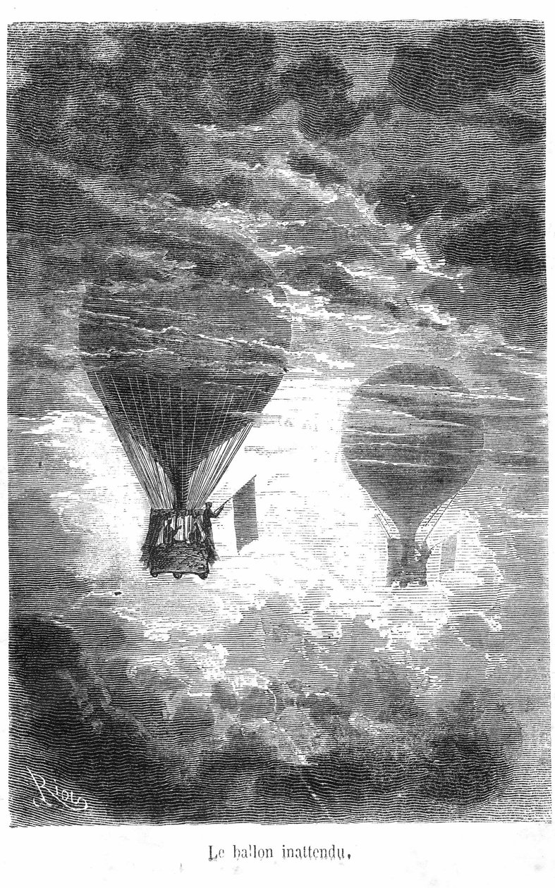 Ritning av boken av Jules Verne "Five weeks en Ballon"-samlingen Hetzel/Extraordinary Travels. Victoriaballongen möter en annan ballong i molnen av Edouard Riou