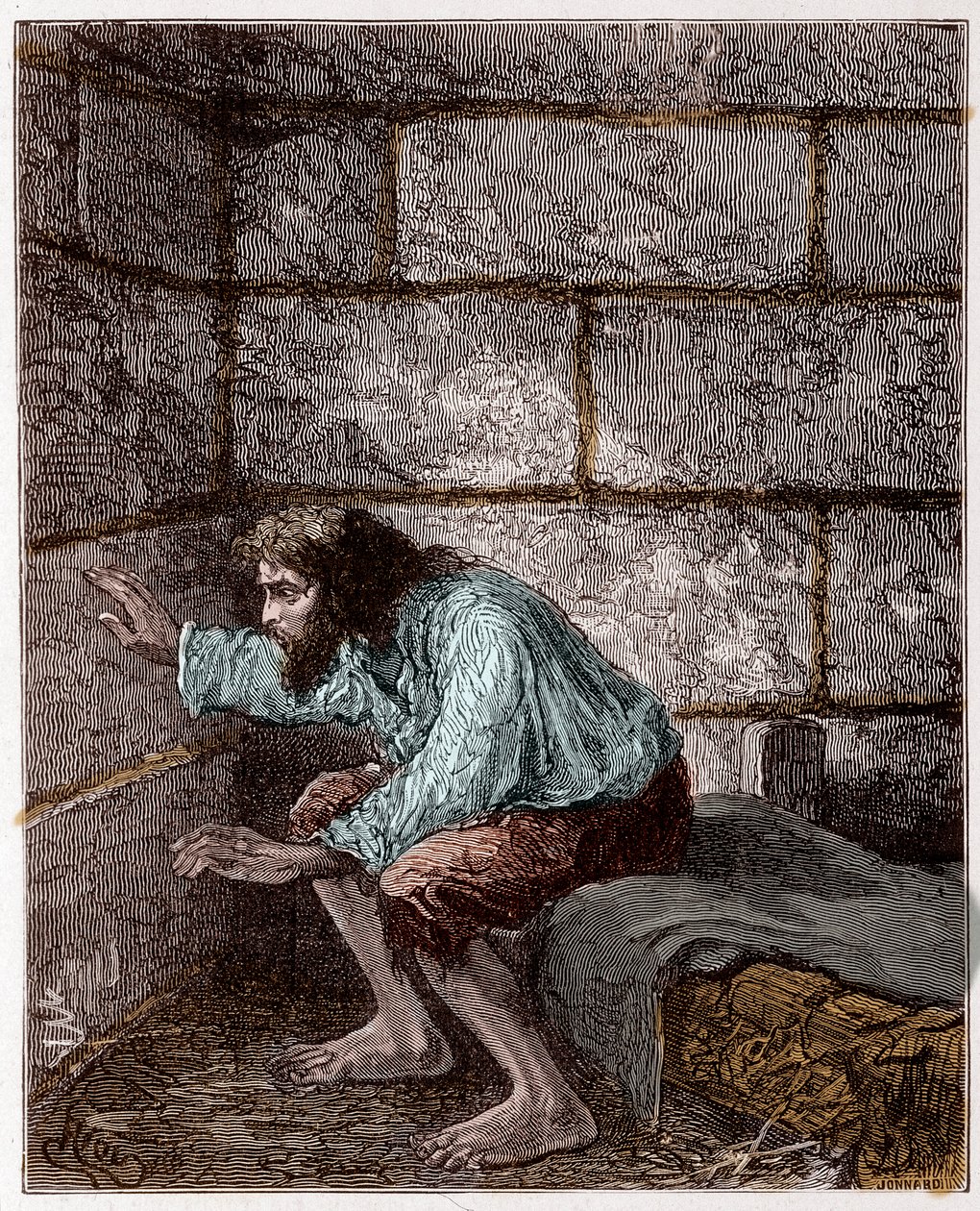Edmond Dantes, alias greven av Monte Cristo (Monte Cristo) i sitt fängelse - Gravyr av Riou, i "Greven av Monte-Cristo" av Alexandre Dumas av Edouard Riou
