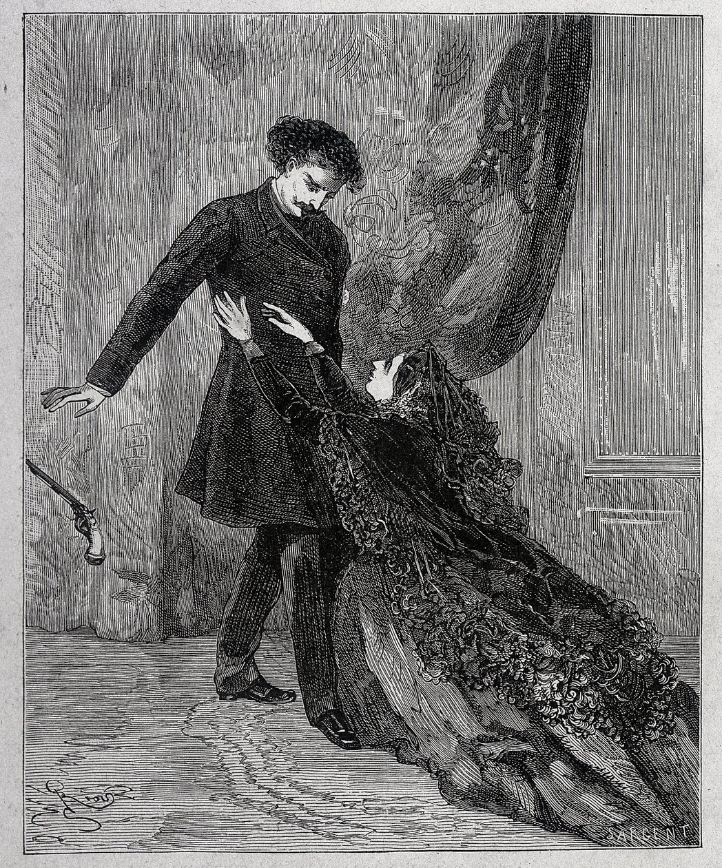 Edmond Dantes et Mercedes - Gravyr av Riou, i "" Greven av Monte Cristo"" (Monte-Cristo) av Alexandre Dumas pere (1802-1870), red. Jules Rouff & Cie av Edouard Riou