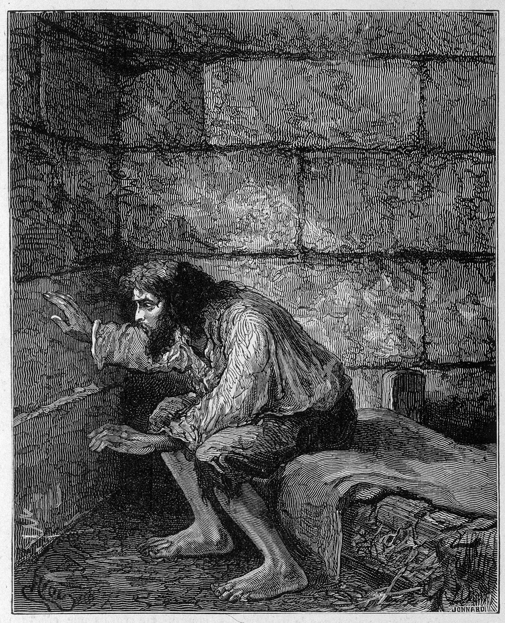 Edmond Dantes, greve av Monte Cristo (Monte Cristo) i sitt fängelse - Gravyr av Riou, i "La Comte de Monte-Cristo" av Alexandre Dumas, Rouff & Cie av Edouard Riou