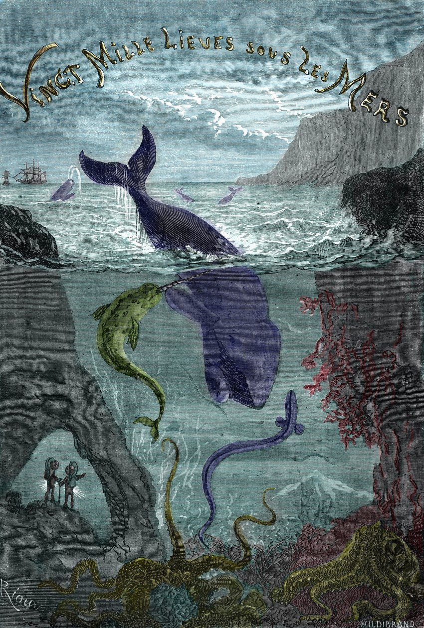 Gravyr av boken av Jules Verne "Twenty thousand lieues sous les mers" (Tjugotusen - 20,000 - 20000) av Edouard Riou