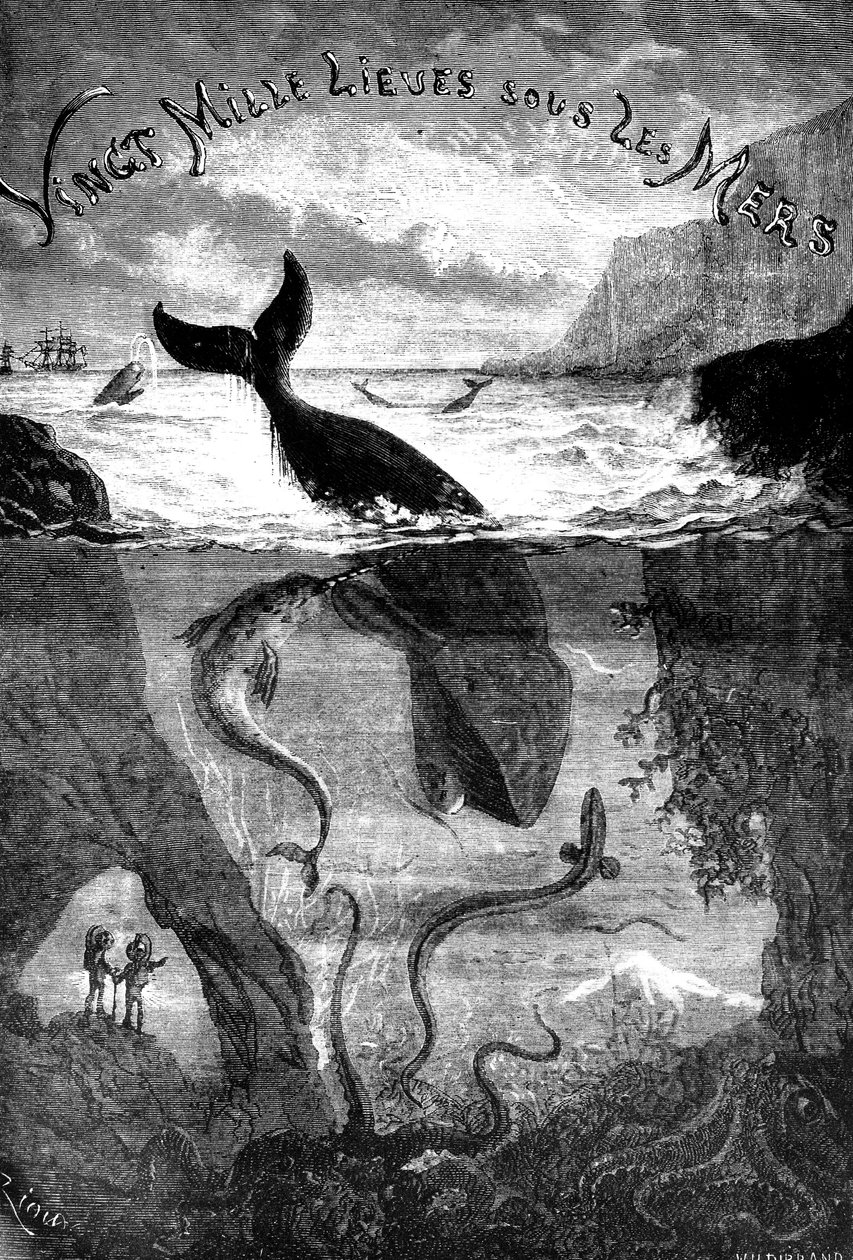 Frontispis till Jules Vernes roman 20 000 ligor under havet av Edouard Riou