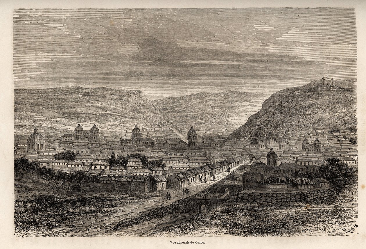 Allmän bild av Cusco eller Cusco, Inkas tidigare huvudstad, teckning av Riou, för att illustrera Paul Marcoys resa genom Sydamerika från 1848 till 1860. Gravyr i "" Le tour du monde"", redigerad av Edouard Charton av Edouard Riou