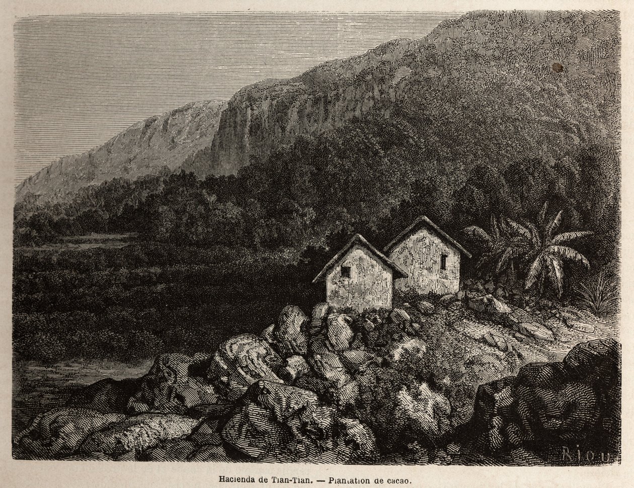 Hacienda av Tian Tian, Peru och kakaoplantage, teckning av Riou, för att illustrera Paul Marcoys resa genom Sydamerika från 1848 till 1860. Gravyr i "" Le tour du monde", redigerad av Edouard Charton av Edouard Riou