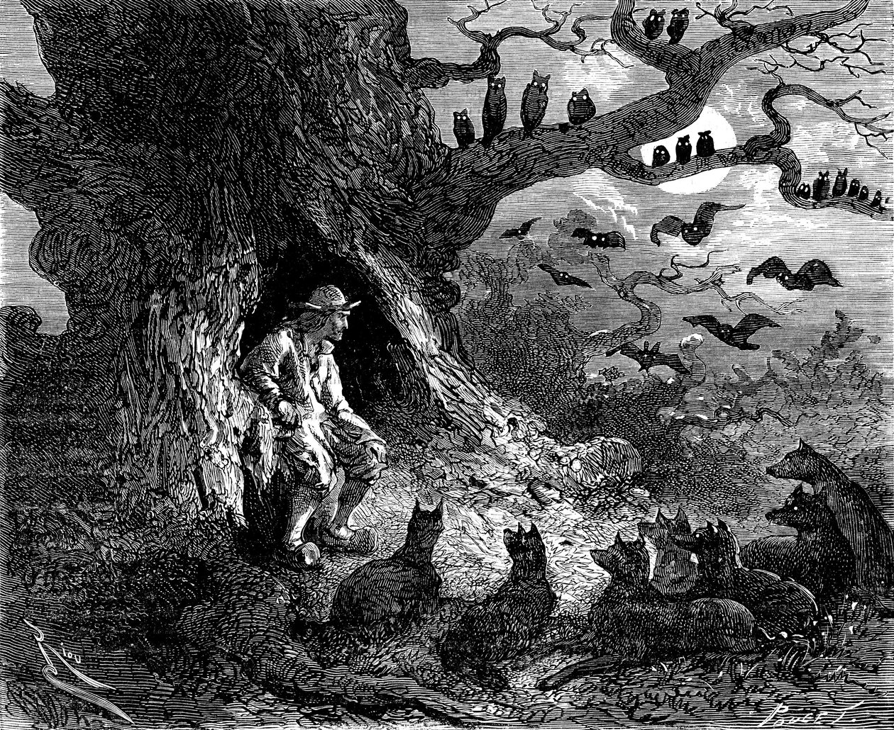 Illustration till Alexandre Dumas roman "Le leader de loups": Thibault verkade vara centrum för en infernalisk cirkel, 1800-talet av Edouard Riou