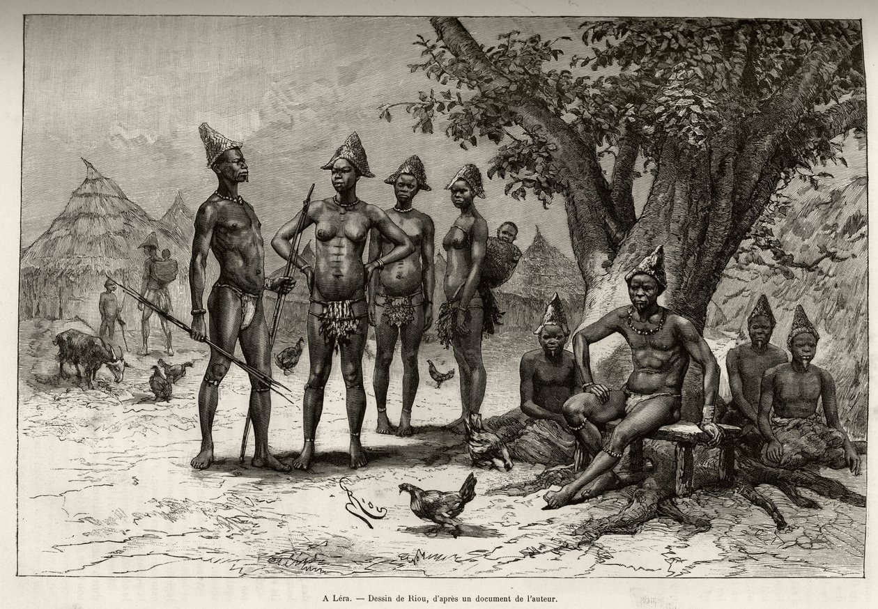I Lera (eller Dera, Niger), typer av Mandes. Gravyr av Riou, för att illustrera historien "" Från Niger till Guineebukten"" av kapten Louis Gustave Binger (1856-1936), 1887-1889, i Le tour du monde, nouveau journal des voyages, under ledning av av Edouard Riou