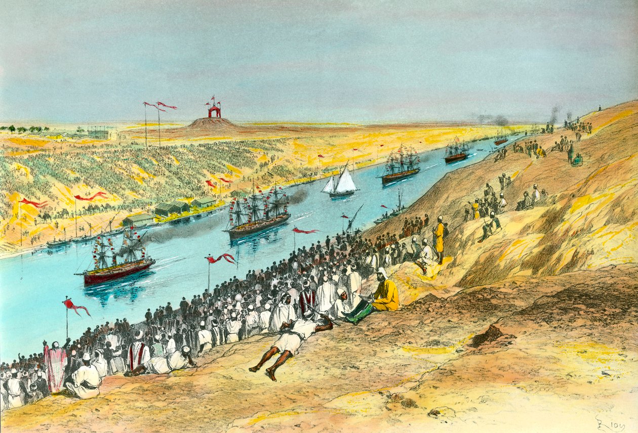 Invigning av Suezkanalen Kanalen skapades för att förbinda Röda havet med Medelhavet. Illustration av Edouard Riou (1833-1900) 1869 Privat samling av Edouard Riou