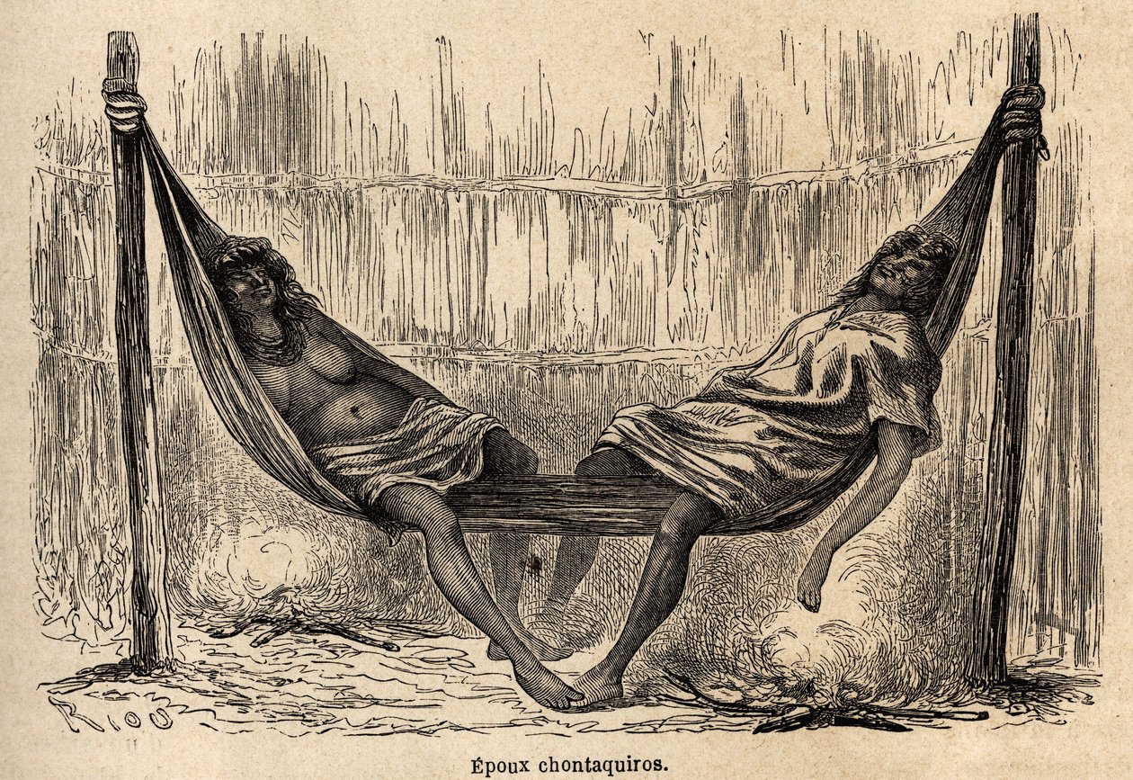 Indiska män Chontaquiros från Peru sover, i sin brudhängmatta, teckning av Riou för att illustrera P. Marcoys resa från 1848 till 1860, från Stilla havet till Atlanten. Gravyr i "" Le tour du monde"", redigerad av Edouard Charton av Edouard Riou