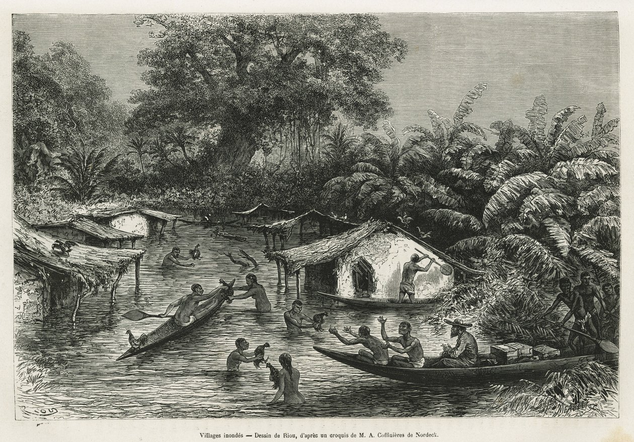 Inondes byar, teckning av Riou, för att illustrera historien om en resa till Gabon och floden Ogoue 1875-1877, av Alfred Marche. Gravyr i Le tour du monde av Edouard Riou