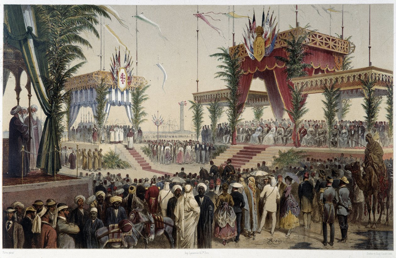 La Tribune des suvereigns i "" Invigning av Suezkanalen av G. Nicole. 1869 av Edouard Riou
