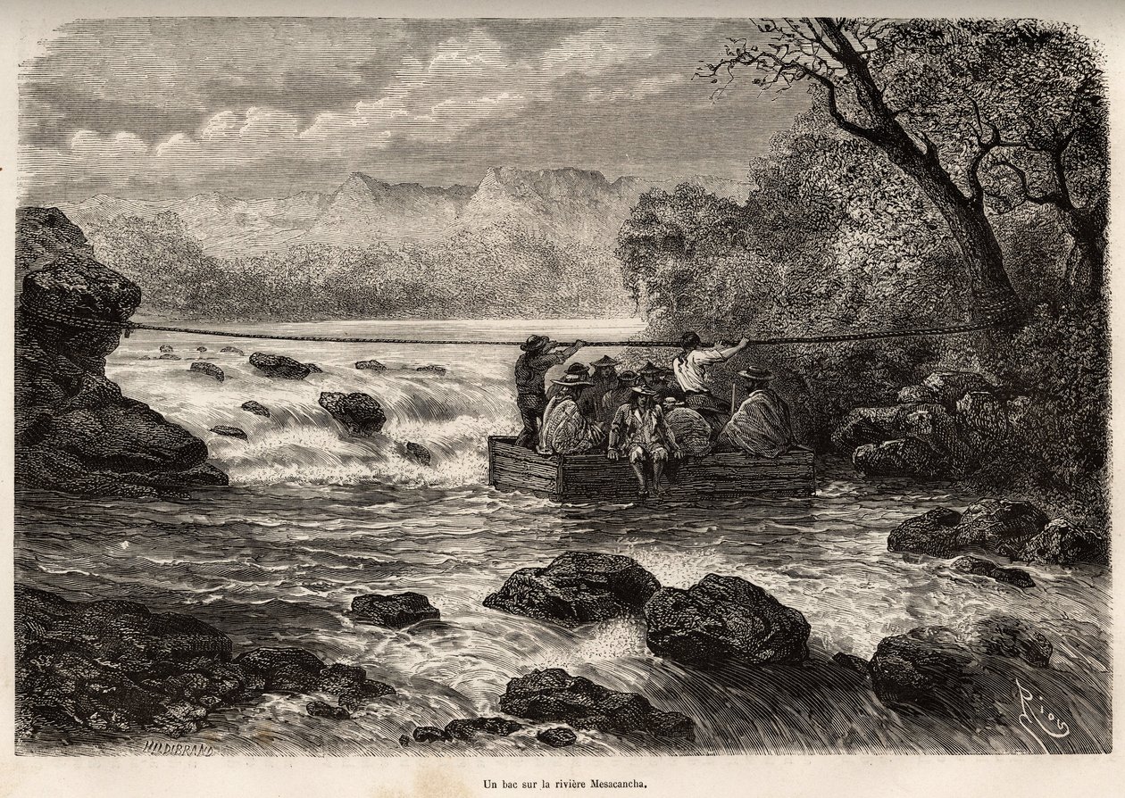 La traversee par le bac de la Riviere Mesacancha (Bas Peru), gravyr av E.Riou som illustrerar resan i bergen, Huarancalqui-dalen och Pjonal-regionerna, från 1862 till 1863, av Paul Marcoy, publicerad i "" Le tour du monde”” 1875 av Edouard Riou